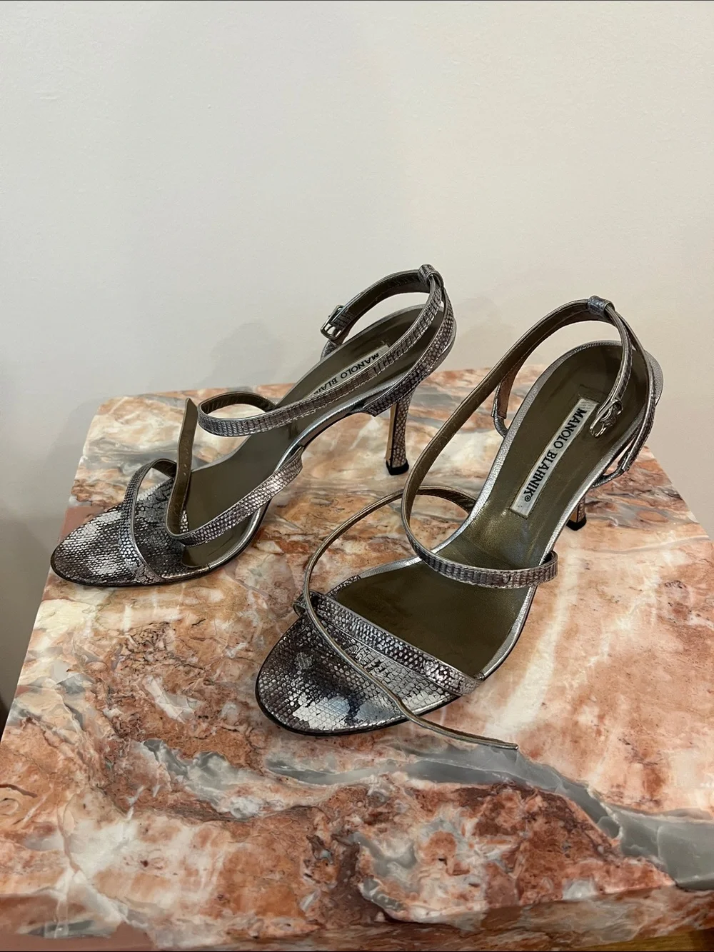 Manolo Blahnik Metallic Silver Snakeskin-Print Strappy Heels